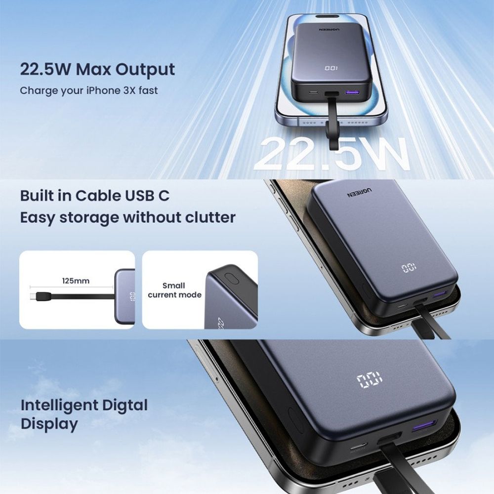 Batterie Externe UGREEN PB505, 20000mAh, 22.5W, QC + PD, 1 x USB-A - 2 x USB-C, Gris