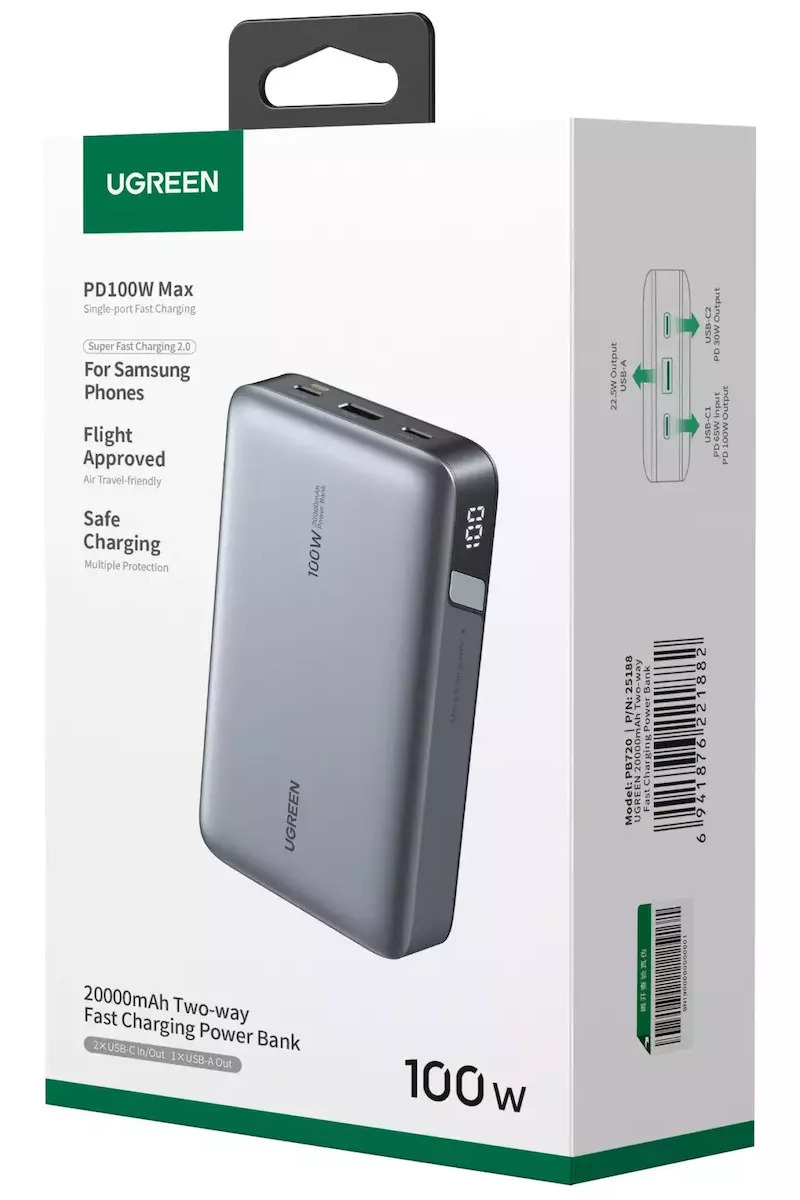 Batterie Externe UGREEN PB720 Nexode, 20000mAh, 100W, QC + PD, 1 x USB-A - 2 x USB-C, Gris