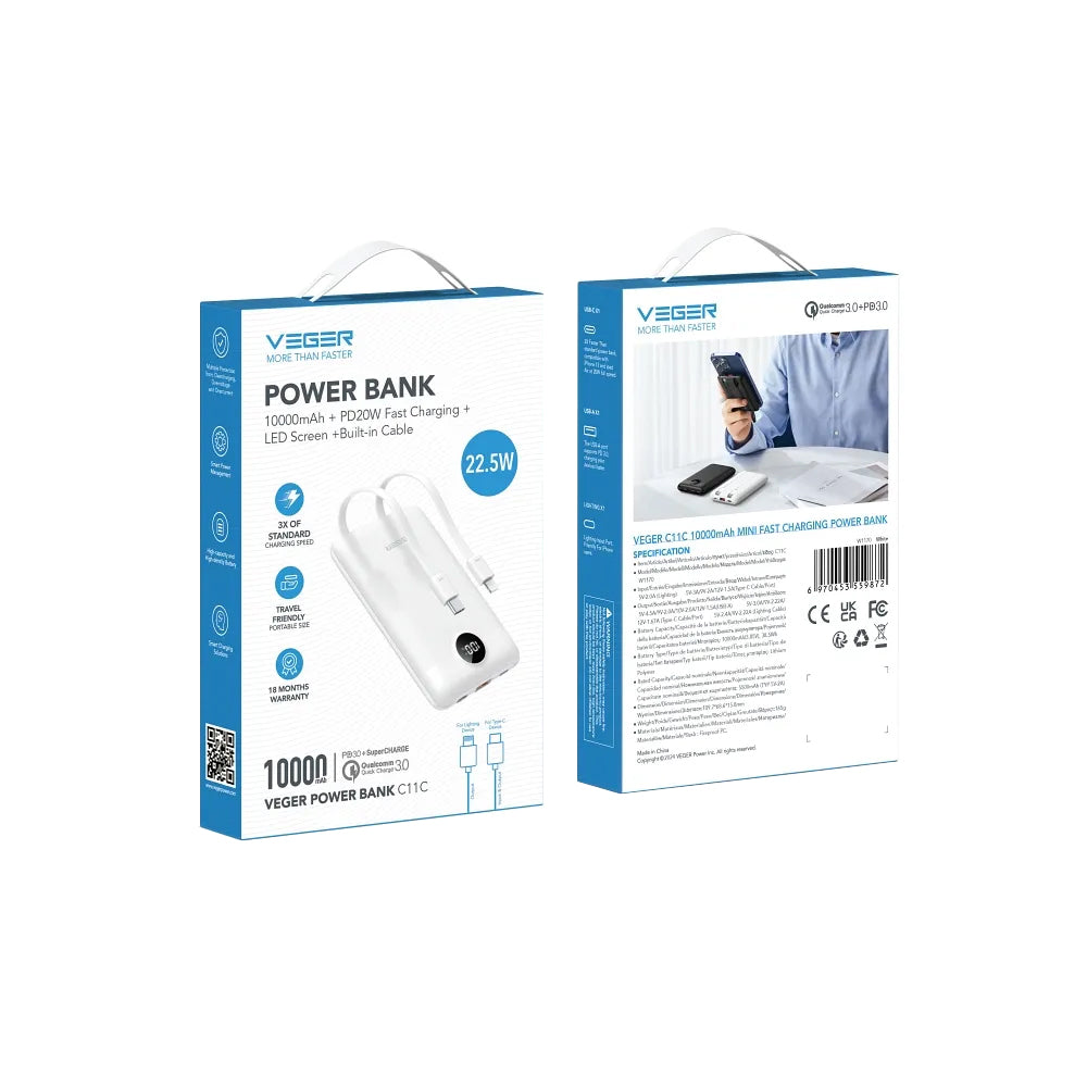 Batteria Esterna Veger C11C, 10000mAh, 22.5W, QC + PD, 1 x Lightning - 1 x USB-A - 2 x USB-C, Bianca