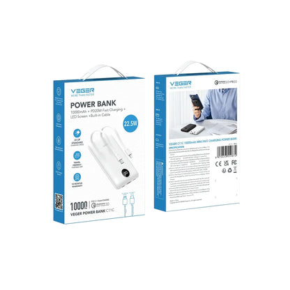 Batteria Esterna Veger C11C, 10000mAh, 22.5W, QC + PD, 1 x Lightning - 1 x USB-A - 2 x USB-C, Bianca