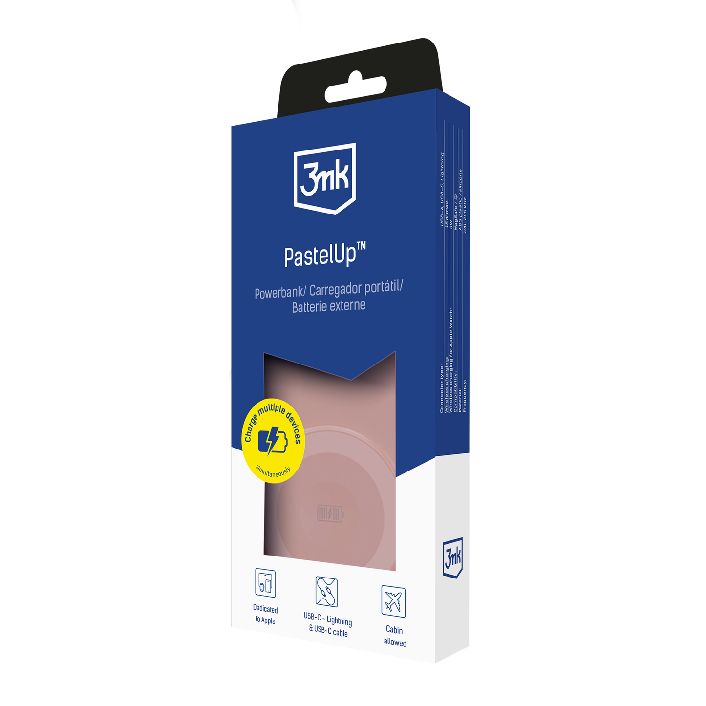 Batterie Externe Sans Fil 3MK PastelUp, 10000mAh, 22.5W, QC + PD + FQI, 1 x USB-A - 1 x USB-C - 2 x QI, Rose
