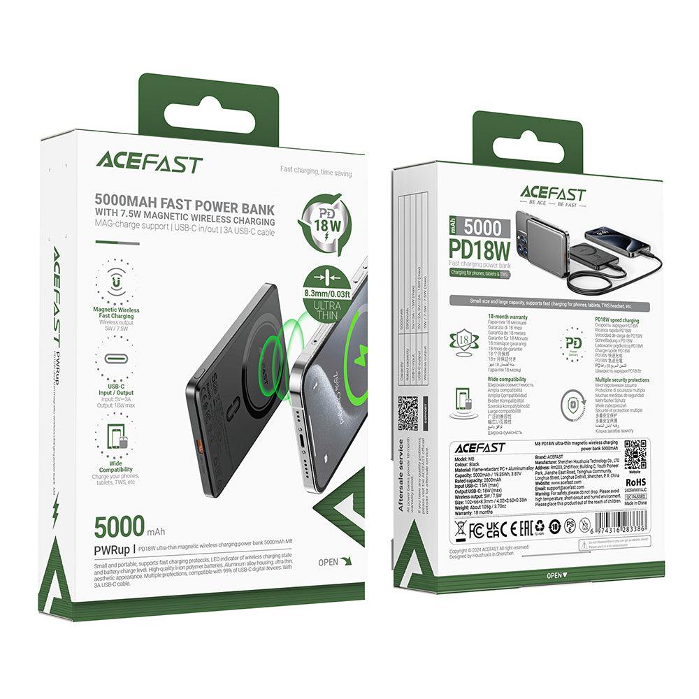 Batteria Esterna Wireless Acefast M8, 5000mAh, 18W, PD + FQI, 1 x QI - 1 x USB-C, Nera