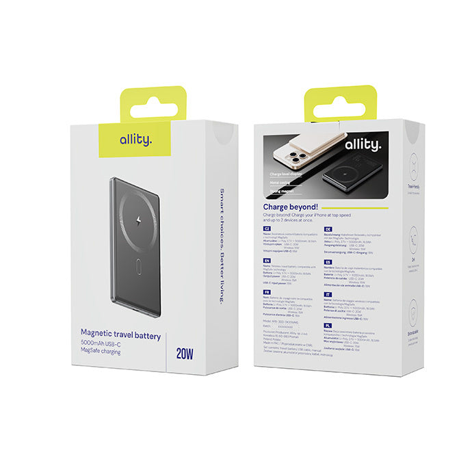 Externer Wireless Akku Allity. APB-300, 5000mAh, 20W, PD + FQI, 1 x QI - 1 x USB-C, Grau