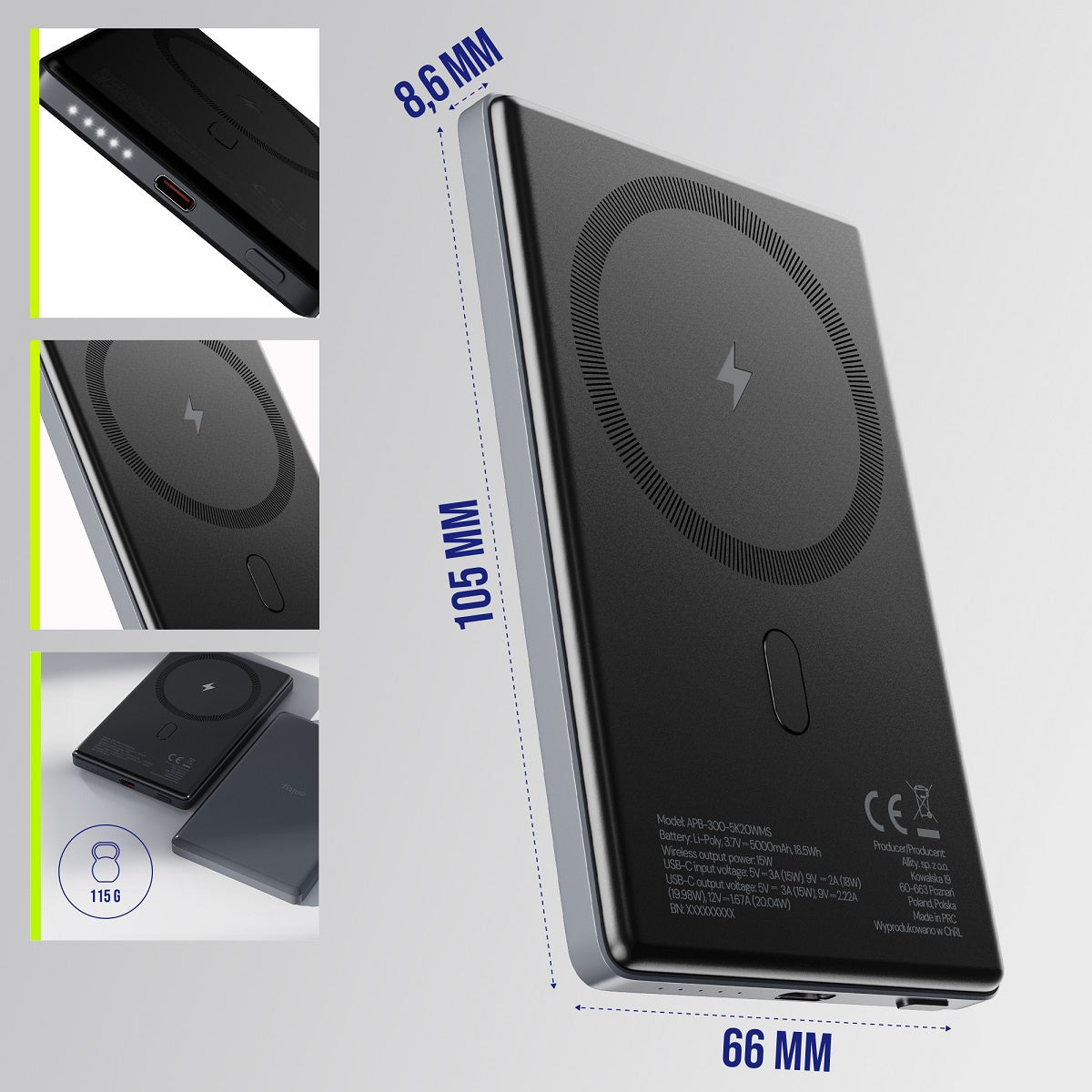 Externer Wireless Akku Allity. APB-300, 5000mAh, 20W, PD + FQI, 1 x QI - 1 x USB-C, Grau