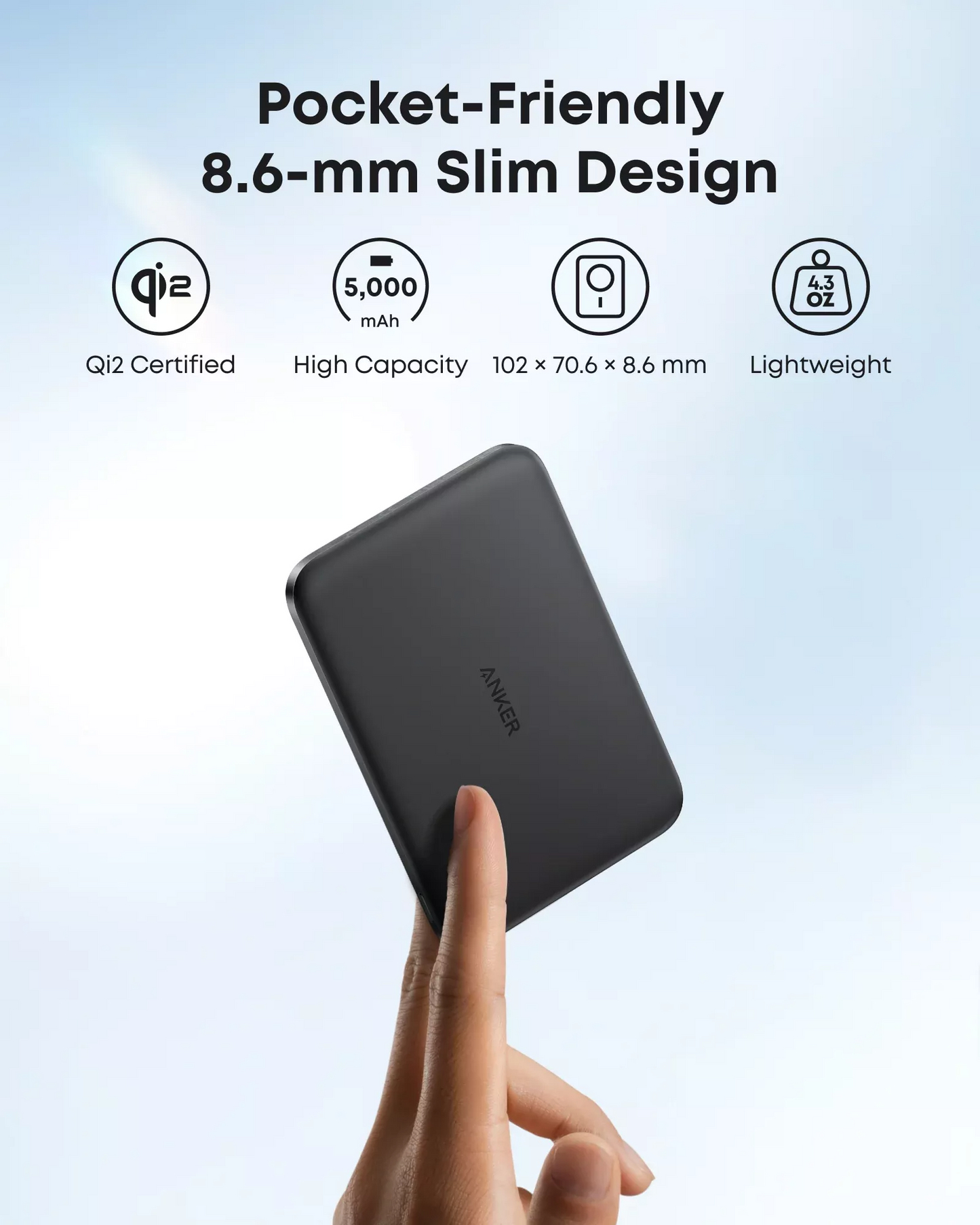 Batteria Esterna Wireless Anker Nano, 5000mAh, 20W, PD + FQI, 1 x QI - 1 x USB-C, Nera A1665H11