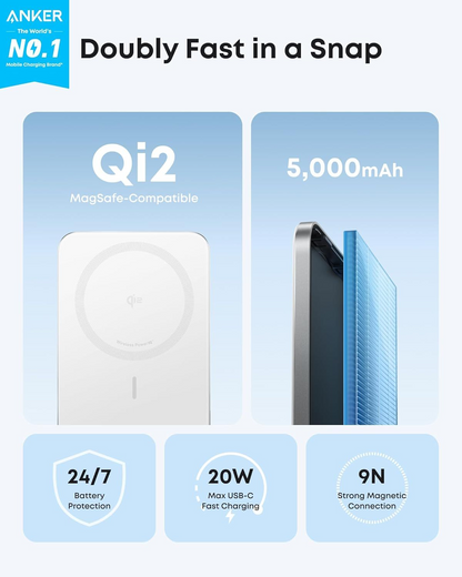 Batteria Esterna Wireless Anker Nano, 5000mAh, 20W, PD + FQI, 1 x QI - 1 x USB-C, Bianca A1665H21