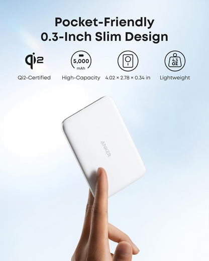 Batteria Esterna Wireless Anker Nano, 5000mAh, 20W, PD + FQI, 1 x QI - 1 x USB-C, Bianca A1665H21