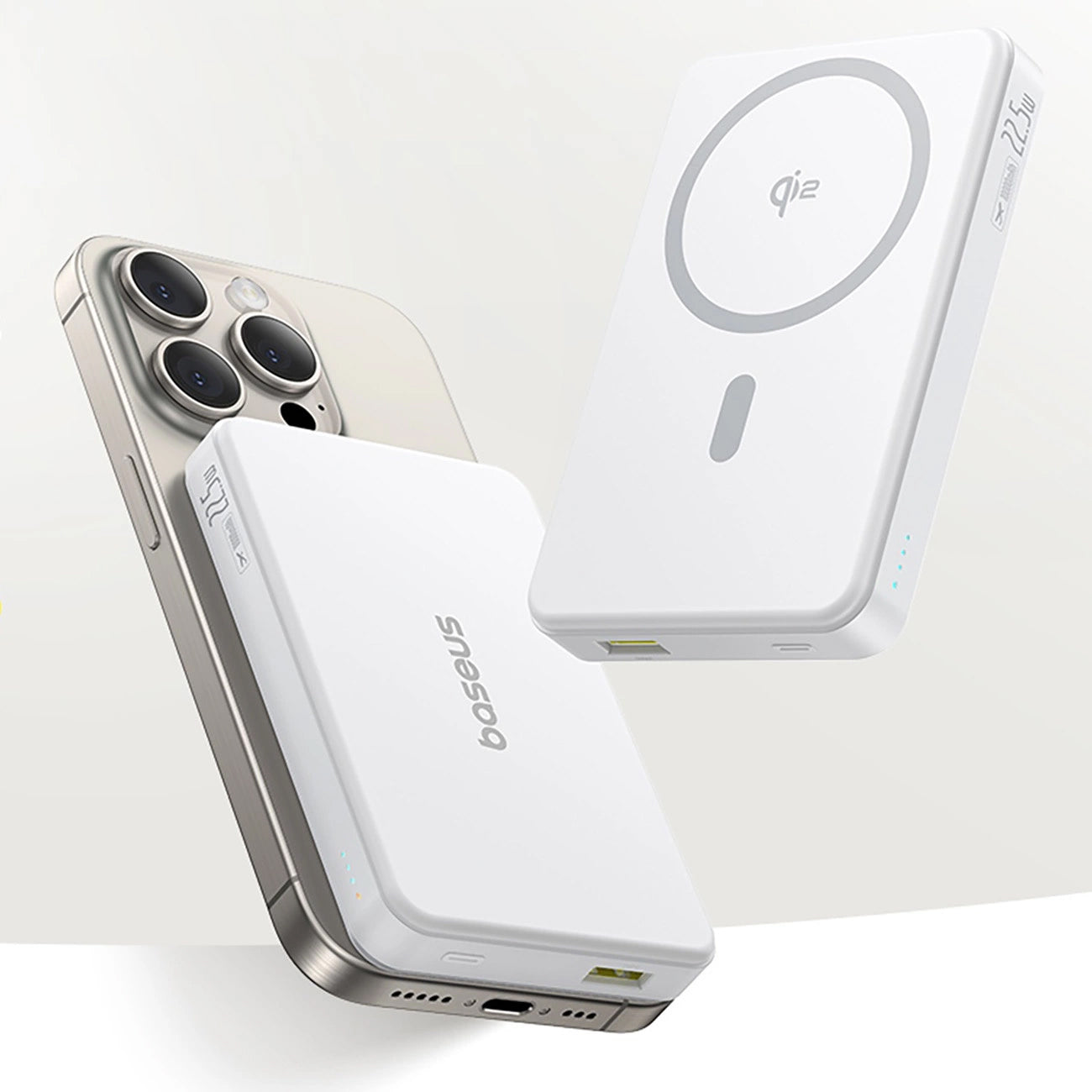 Externer Wireless-Akku Baseus Airpow2 Qi2, 10000mAh, 22.5W, QC + PD + FQI, 1 x QI - 1 x USB-A - 1 x USB-C, Weiß P10080000213-00