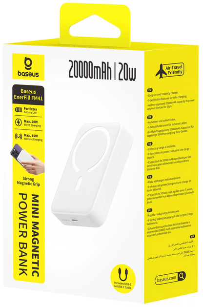 Kabellose Powerbank Baseus EnerFill FM41 Mini, 20000mAh, 20W, PD + FQI, 1 x QI - 1 x USB-C, Weiß E0027U01
