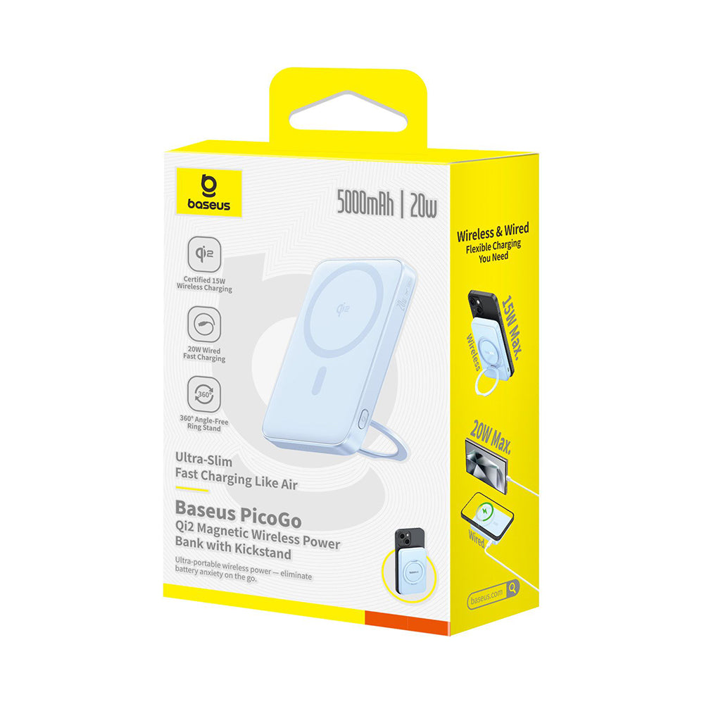 Batterie Externe Sans Fil Baseus PicoGo, 5000mAh, 20W, PD + FQI, 1 x QI - 1 x USB-C, Bleue P10076800313-00