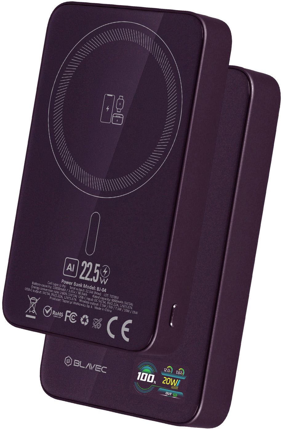 Batterie externe sans fil Blavec BJ-04 Slim, 10000 mAh, 22,5 W, PD + FQI, 1 x QI - 1 x USB-C, violet