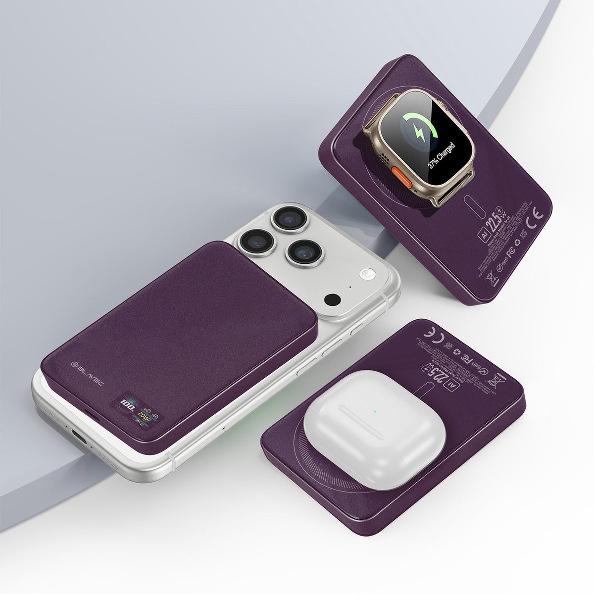 Batterie externe sans fil Blavec BJ-04 Slim, 10000 mAh, 22,5 W, PD + FQI, 1 x QI - 1 x USB-C, violet