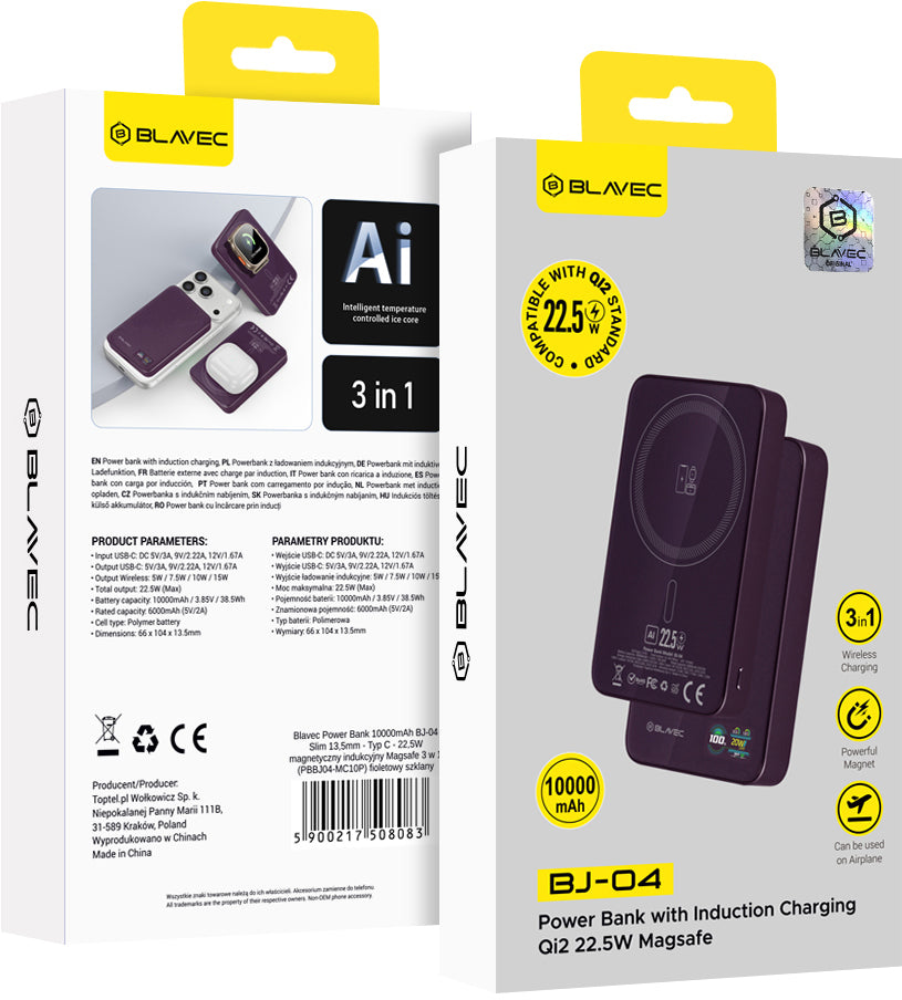 Batterie externe sans fil Blavec BJ-04 Slim, 10000 mAh, 22,5 W, PD + FQI, 1 x QI - 1 x USB-C, violet