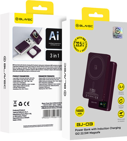 Blavec BJ-03 Slim kabellose Powerbank, 10000 mAh, 22,5 W, PD + FQI, 1 x QI – 1 x USB-C, Lila