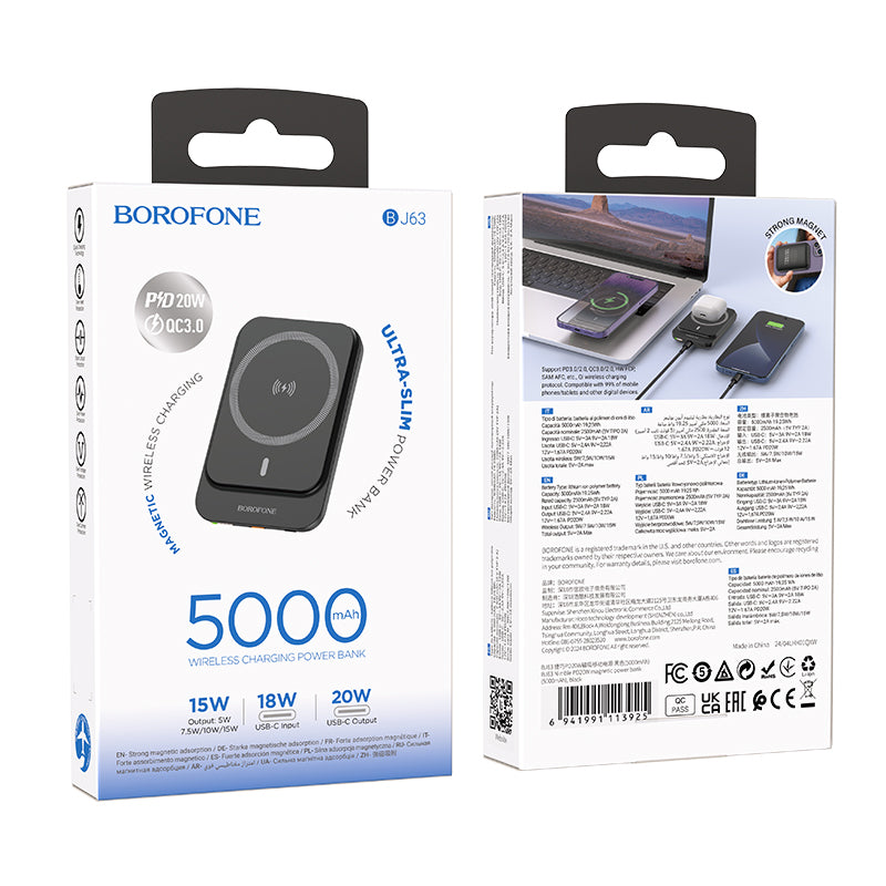 Batterie Externe Sans Fil Borofone BJ63 Nimble, 5000mAh, 20W, PD + FQI, 1 x QI - 1 x USB-C, Noire