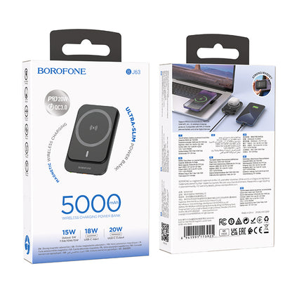 Batterie Externe Sans Fil Borofone BJ63 Nimble, 5000mAh, 20W, PD + FQI, 1 x QI - 1 x USB-C, Noire
