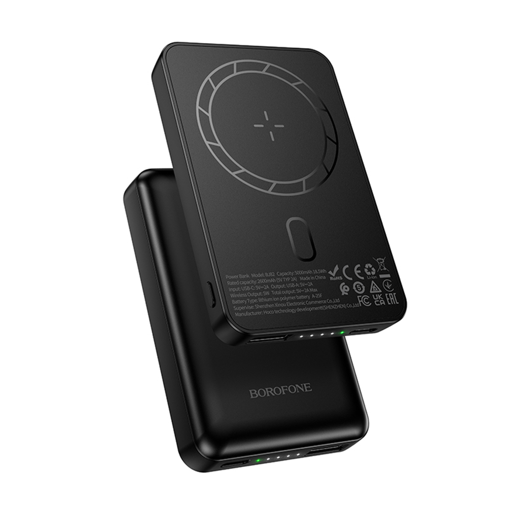 Batterie Externe Sans Fil Borofone BJ82 Dawn, 5000mAh, 10W, 1 x QI - 1 x USB-A, Noire