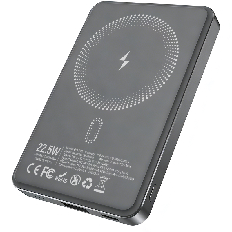 Kabellose Externe Batterie BWOO BO-P82, 10000mAh, 22,5W, PD + FQI, 1 x QI - 1 x USB-C, Grau