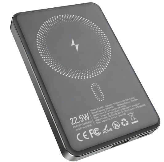 Batterie Externe Sans Fil BWOO BO-P82, 10000mAh, 22,5W, PD + FQI, 1 x QI - 1 x USB-C, Gris