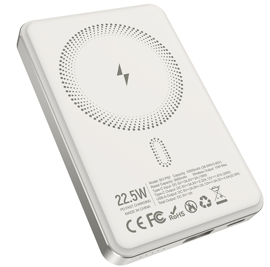 Batterie Externe Sans Fil BWOO BO-P82, 10000mAh, 22,5W, PD + FQI, 1 x QI - 1 x USB-C, Blanche