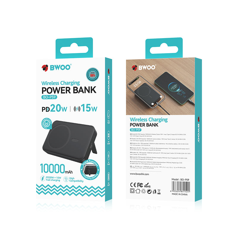 Externer Wireless-Akku BWOO BO-P59, 10000mAh, 20W, PD + FQI, 1 x QI - 1 x USB-C, Schwarz