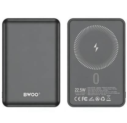 Kabellose Externe Batterie BWOO BO-P82, 10000mAh, 22,5W, PD + FQI, 1 x QI - 1 x USB-C, Grau