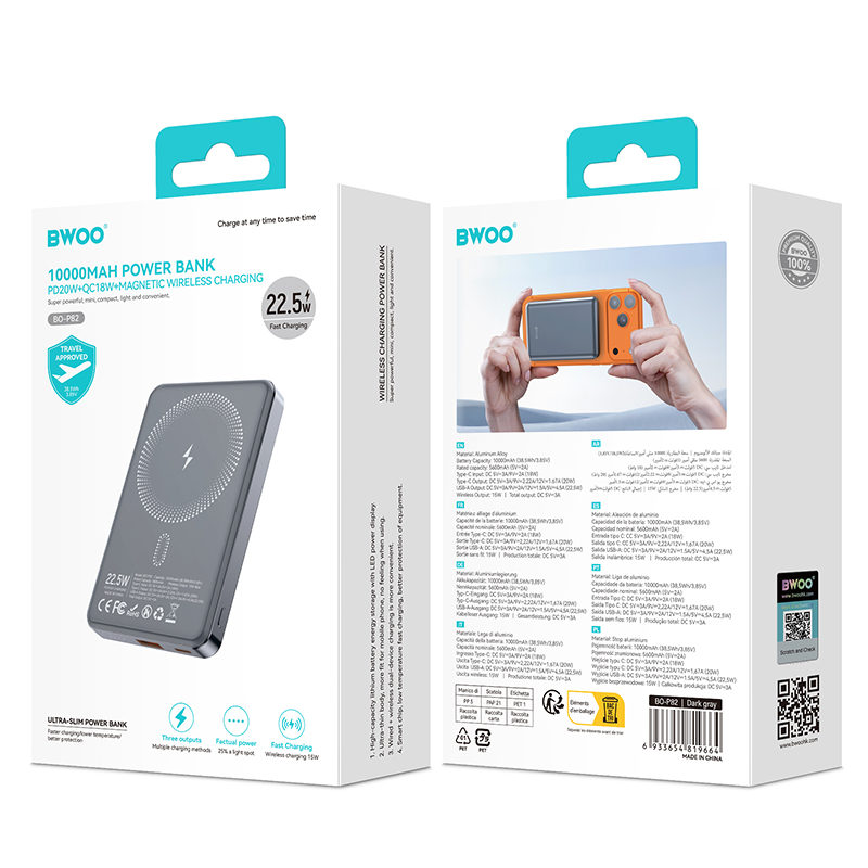 Kabellose Externe Batterie BWOO BO-P82, 10000mAh, 22,5W, PD + FQI, 1 x QI - 1 x USB-C, Grau