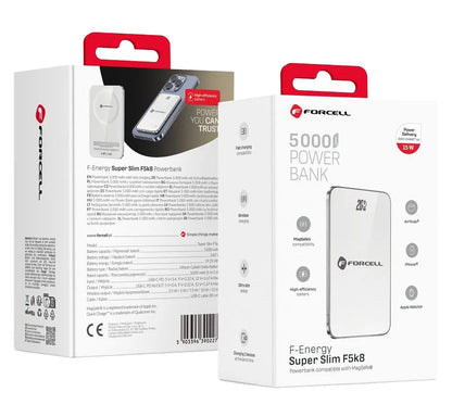 Externer Wireless-Akku Forcell F5K8, 5000mAh, 15W, PD + FQI, 1 x QI - 1 x USB-C, Weiß