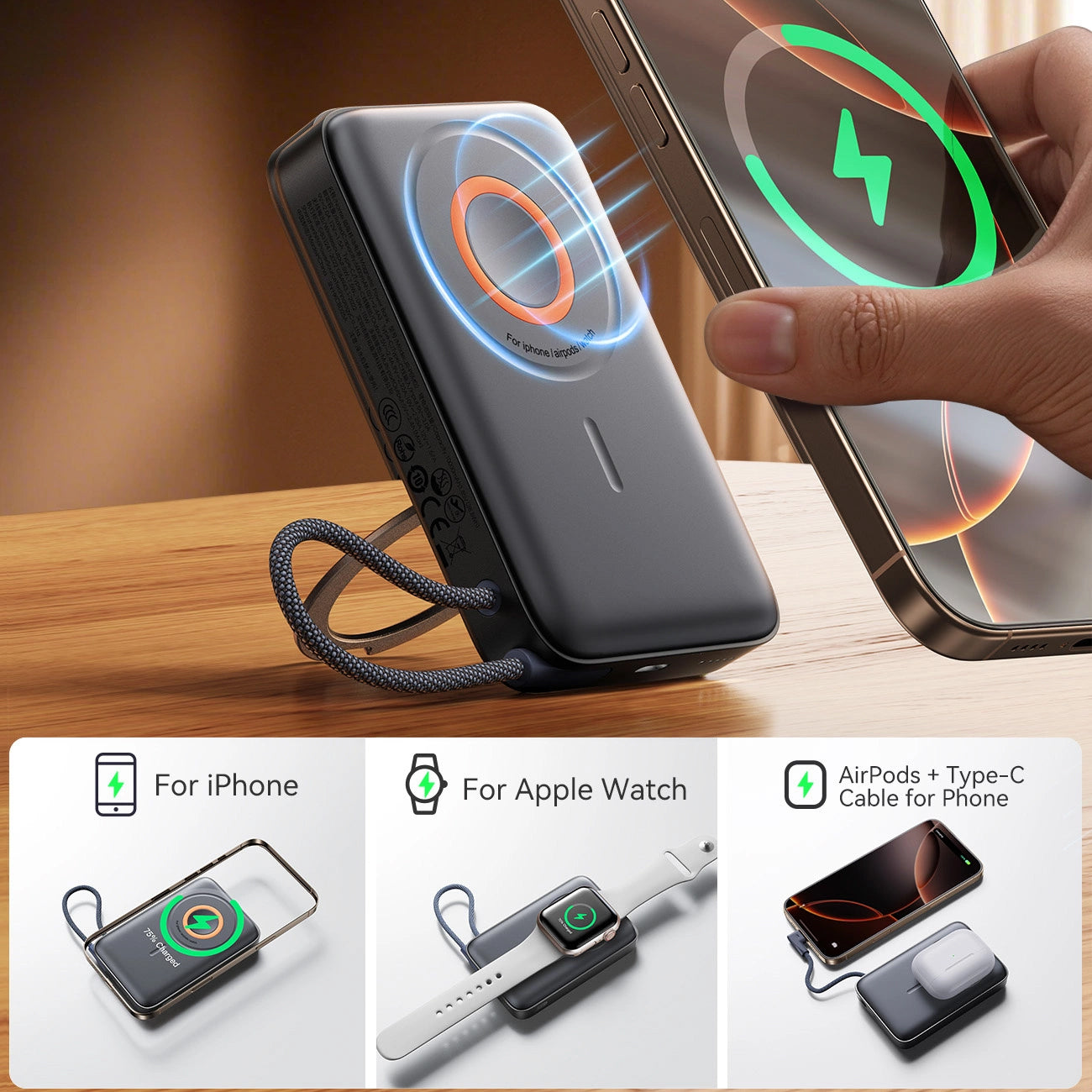 Batterie Externe Sans Fil Joyroom JR-PBM02, 10000mAh, 22.5W, PD + FQI, 1 x QI - 2 x USB-C, Noire