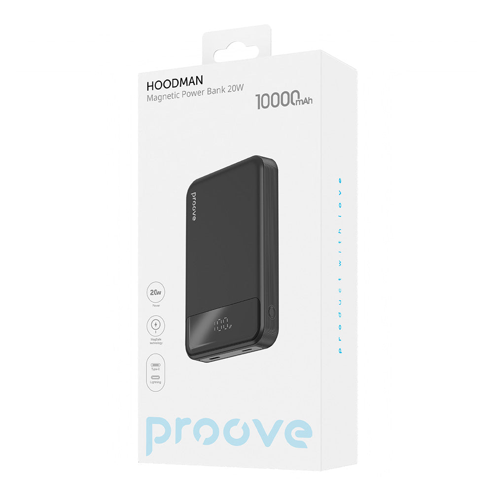 Batteria Esterna Wireless Proove Hoodman, 10000mAh, 20W, PD + FQI, 1 x QI - 1 x USB-C, Nera PBH120010001