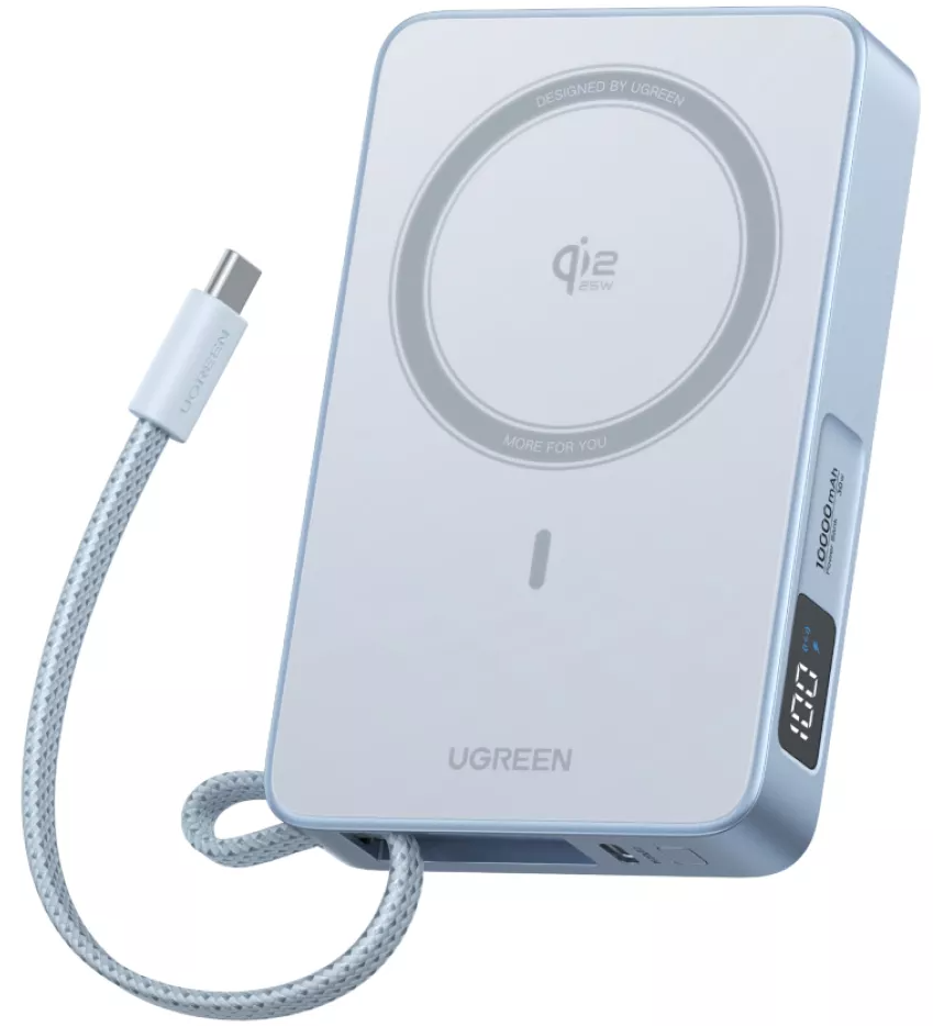 Batteria Esterna Wireless UGREEN MagFlow PB773 (65958), 10000mAh, 25W, PD + FQI, 1 x QI - 2 x USB-C, Blu