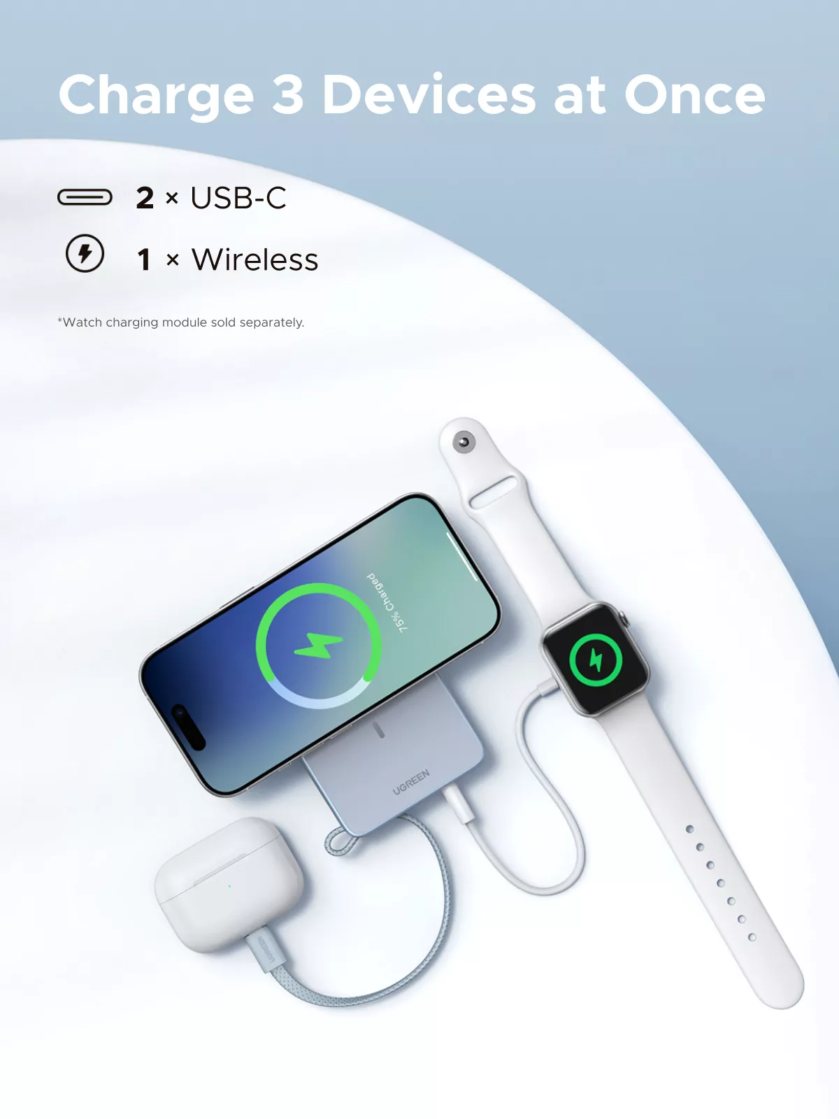 Batteria Esterna Wireless UGREEN MagFlow PB773 (65958), 10000mAh, 25W, PD + FQI, 1 x QI - 2 x USB-C, Blu