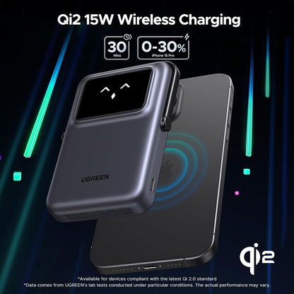 UGREEN PB764 Uno Wireless External Battery, 10000mAh, 20W, PD + FQI, 1 x QI - 1 x USB-C, Gray