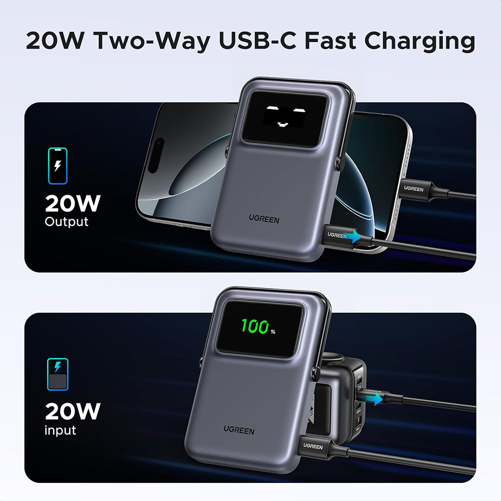 UGREEN PB764 Uno Wireless External Battery, 10000mAh, 20W, PD + FQI, 1 x QI - 1 x USB-C, Gray