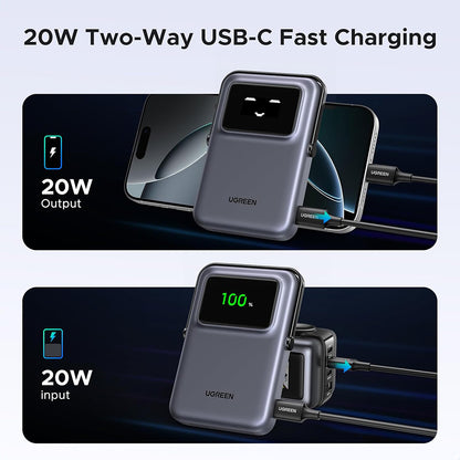 UGREEN PB764 Uno Wireless External Battery, 10000mAh, 20W, PD + FQI, 1 x QI - 1 x USB-C, Gray