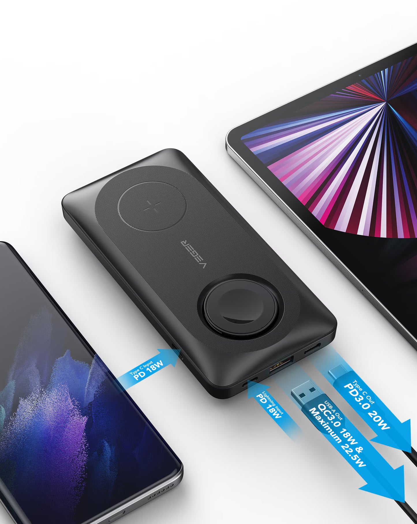 Batterie Externe Sans Fil Veger MagMulti W1156, 10000mAh, 22.5W, QC + PD + FQI, 2 x QI - 1 x USB-A - 1 x USB-C, Noire