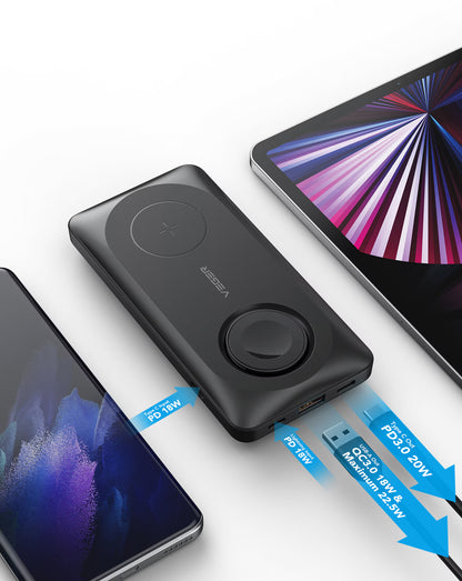 Batterie Externe Sans Fil Veger MagMulti W1156, 10000mAh, 22.5W, QC + PD + FQI, 2 x QI - 1 x USB-A - 1 x USB-C, Noire