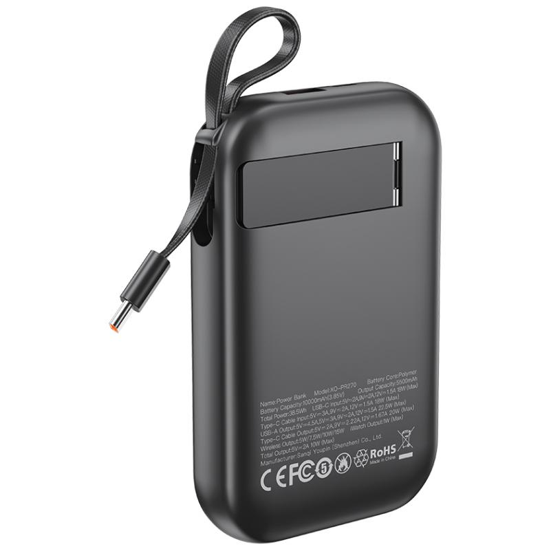 Batteria Esterna Wireless XO Design PR270, 10000mAh, 22.5W, QC + PD + QI, 1 x QI - 1 x USB-A - 1 x USB-C, Nera
