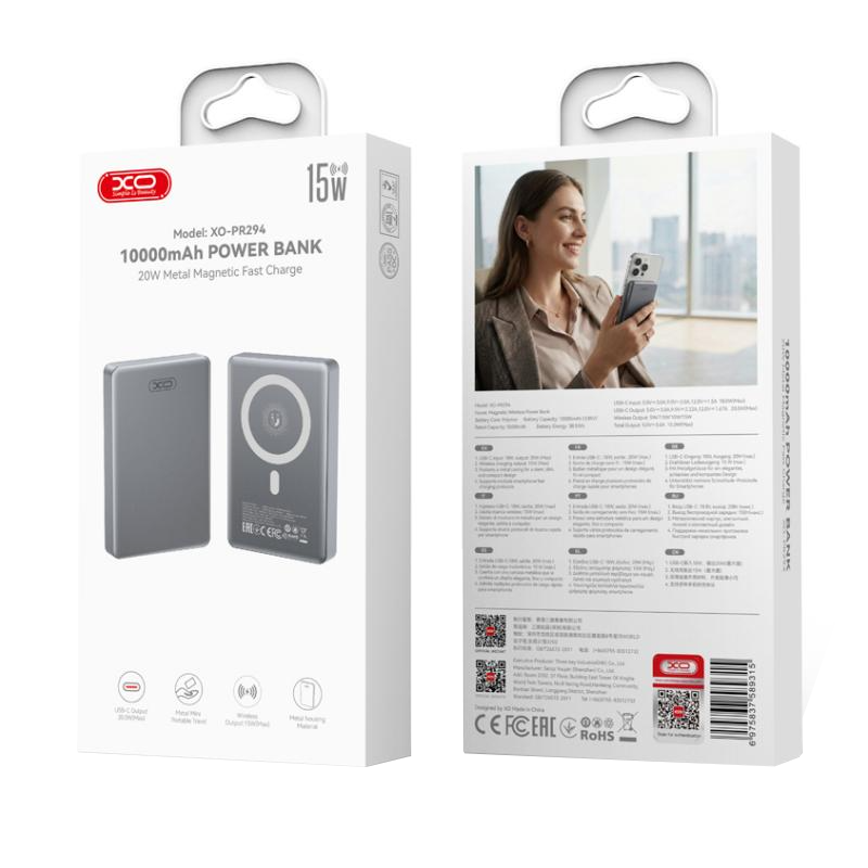 Batteria Esterna Wireless XO Design PR294, 10000mAh, 20W, PD + FQI, 1 x QI - 1 x USB-C, Grigio