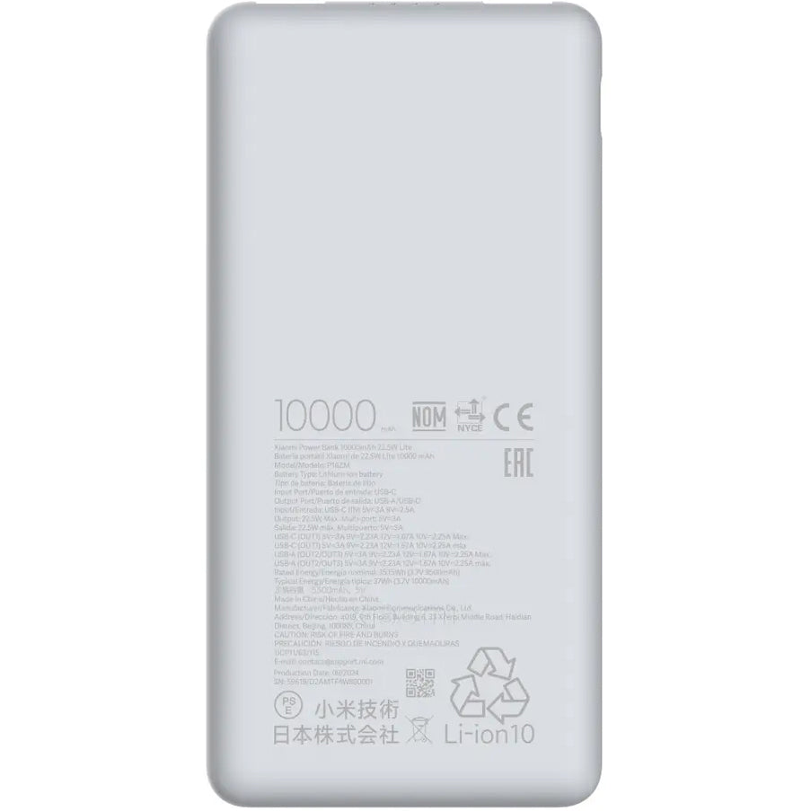 Batteria Esterna Xiaomi Lite, 10000mAh, 22.5W, QC + PD, 1 x USB-C - 2 x USB-A, Bianca BHR9350GL
