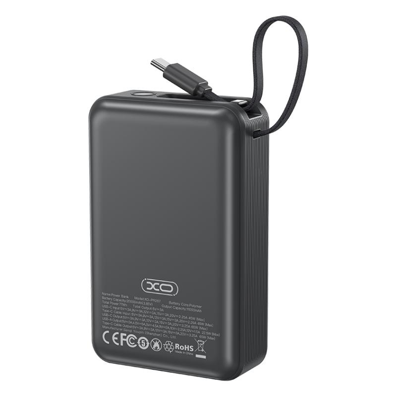Externer Akku XO Design PR267, 20000mAh, 65W, QC + PD, 1 x USB-A - 2 x USB-C, Grau
