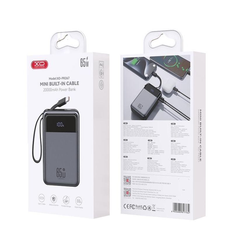 Externer Akku XO Design PR267, 20000mAh, 65W, QC + PD, 1 x USB-A - 2 x USB-C, Grau