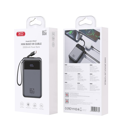 Externer Akku XO Design PR267, 20000mAh, 65W, QC + PD, 1 x USB-A - 2 x USB-C, Grau