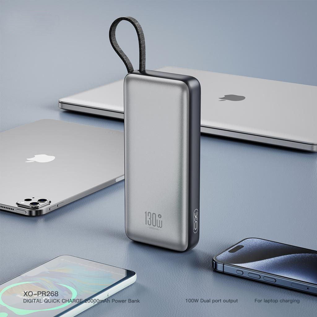 Externer Akku XO Design PR268, 20000mAh, 130W, QC + PD, 1 x USB-A - 2 x USB-C, Grau