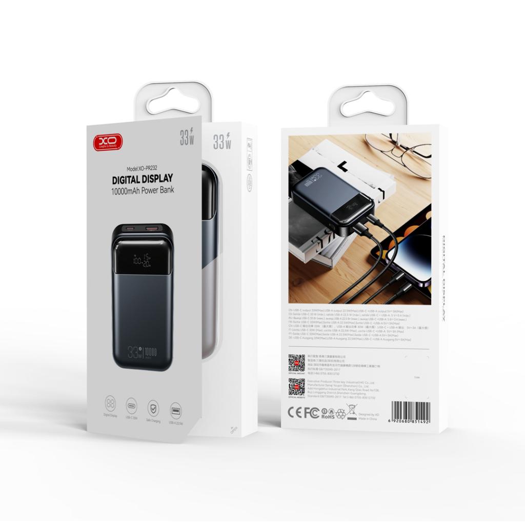 Externer Akku XO Design PR232, 10000mAh, 33W, QC + PD, 1 x USB-A - 1 x USB-C, Schwarz