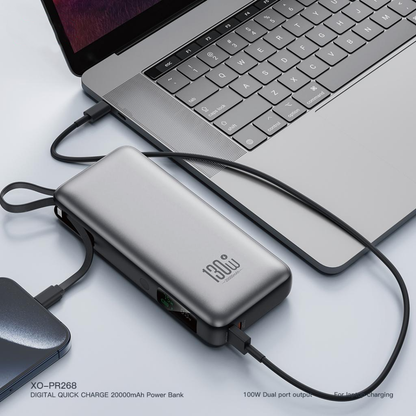 Externer Akku XO Design PR268, 20000mAh, 130W, QC + PD, 1 x USB-A - 2 x USB-C, Grau