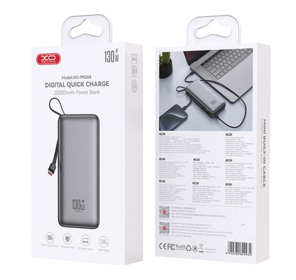 Externer Akku XO Design PR268, 20000mAh, 130W, QC + PD, 1 x USB-A - 2 x USB-C, Grau