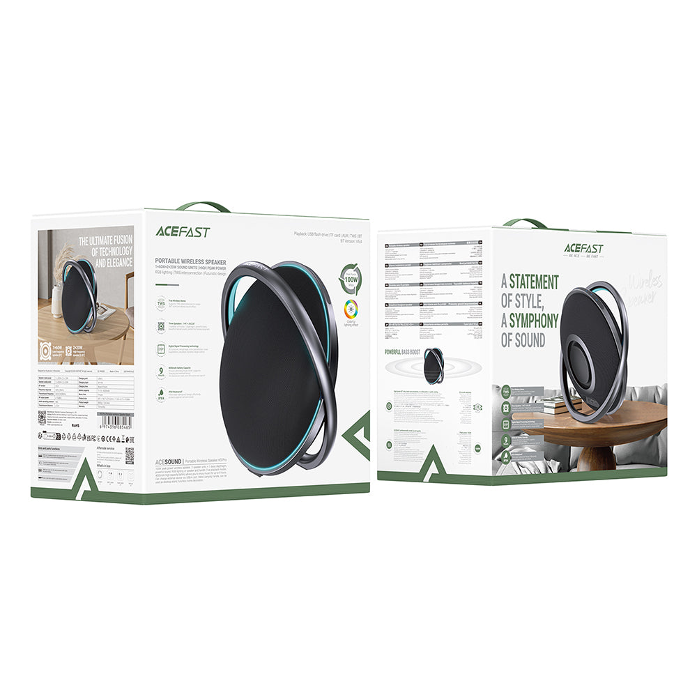 Cassa Bluetooth Acefast K5 Pro, 100W, RGB, Impermeabile, Nera