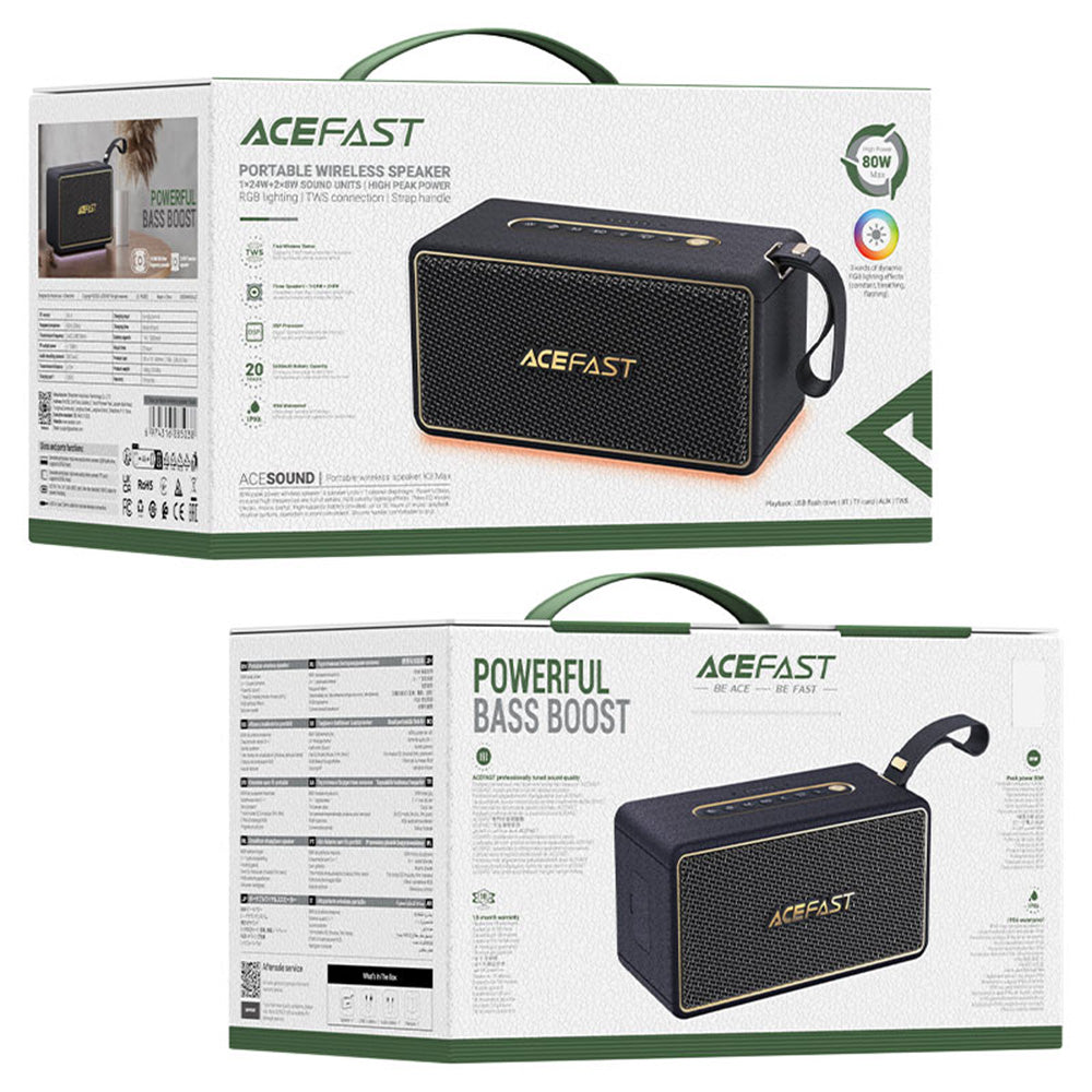 Enceinte Portable Bluetooth Acefast K3 Max, 80W, RGB, Étanche, Noire