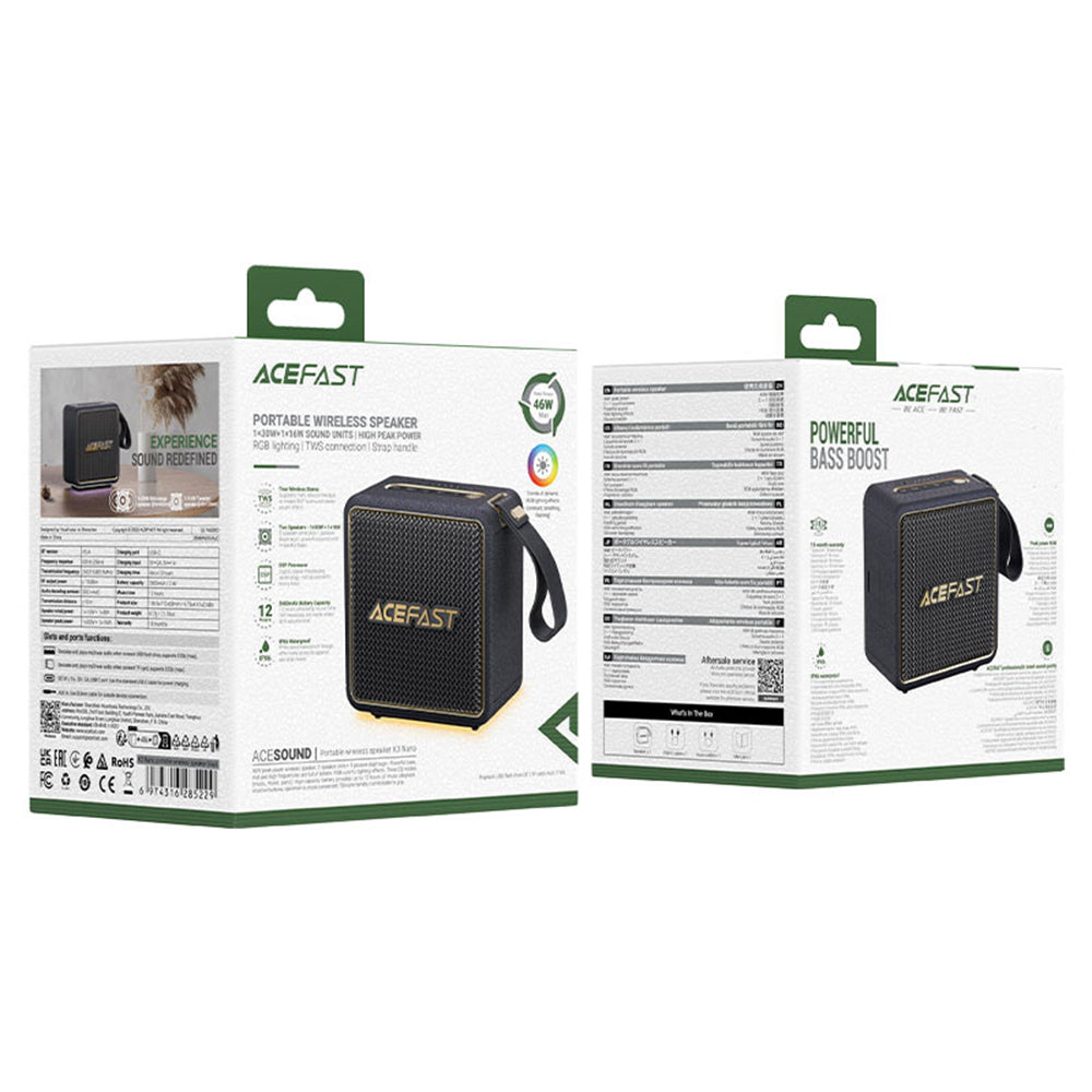 Enceinte Portable Bluetooth Acefast K3 Nano, 1 x 30W - 1 x 16W, RGB, Étanche, Noire